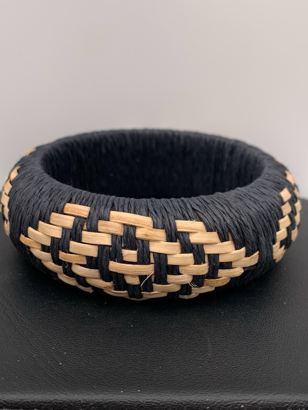 Chunky Woven rattan Black and Natural Straw Bangle Bracelet